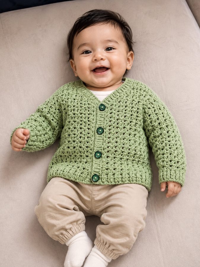 Sage green crochet baby cardigan