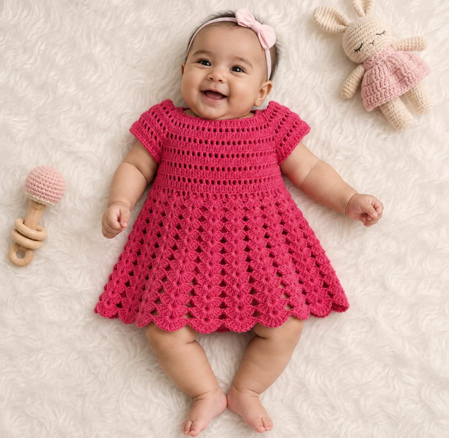 Fuchsia shell-stitch baby dress