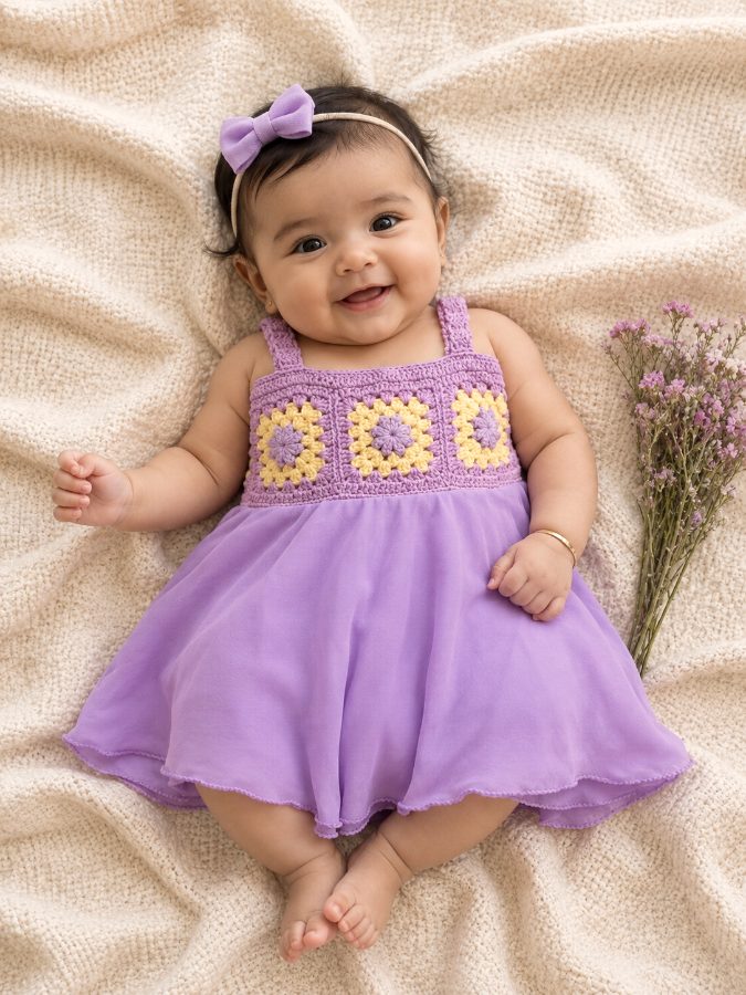Lavender crochet bodice dress with chiffon skirt