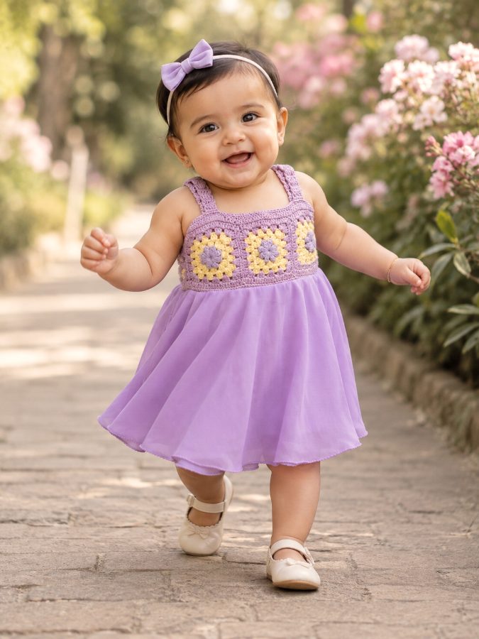 Toddler walking in a lavender crochet dress