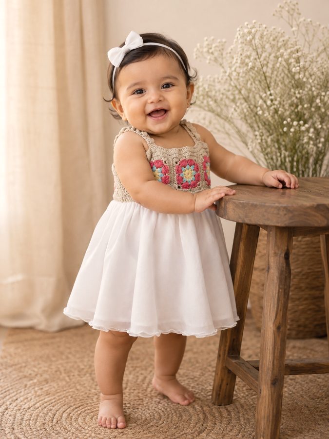 Baby in a granny-square bodice dress with white skirt
